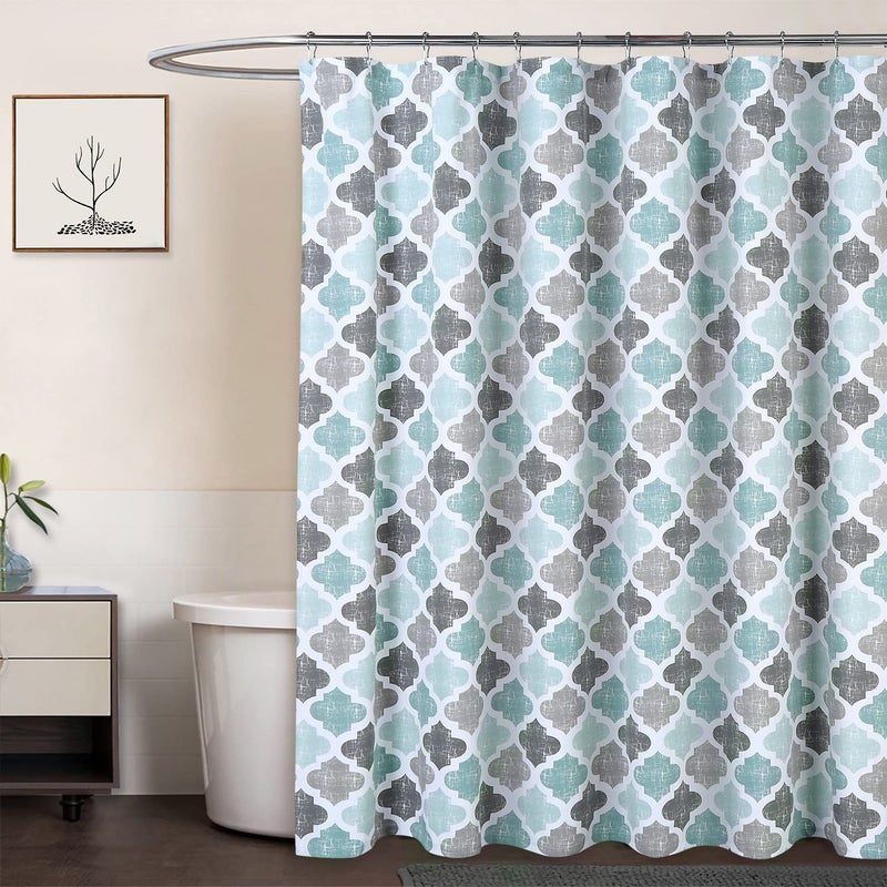 CAROMIO Fabric Shower Curtain 84 Inch Long, Geometric Quatrefoil Pattern Poly-Cotton Farmhouse Shower Curtain Extra Long, Aqua/Mint/Grey, 72x84 Inches - Image 1